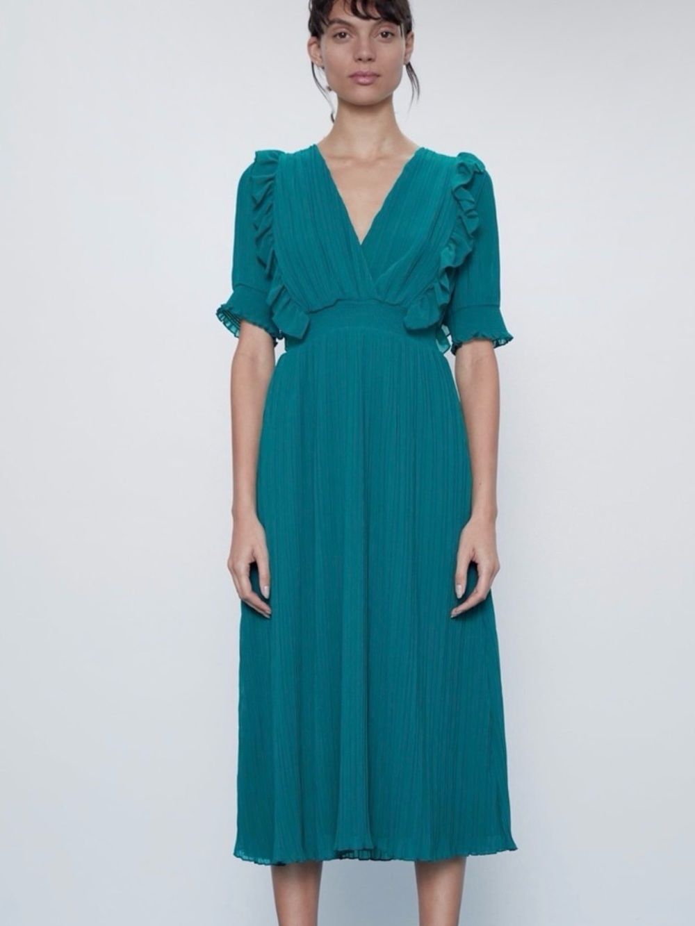 Zara Teal Pleated Chiffon Midi Dress Size S Emerald Green Ruffle Sleeve V-Neck